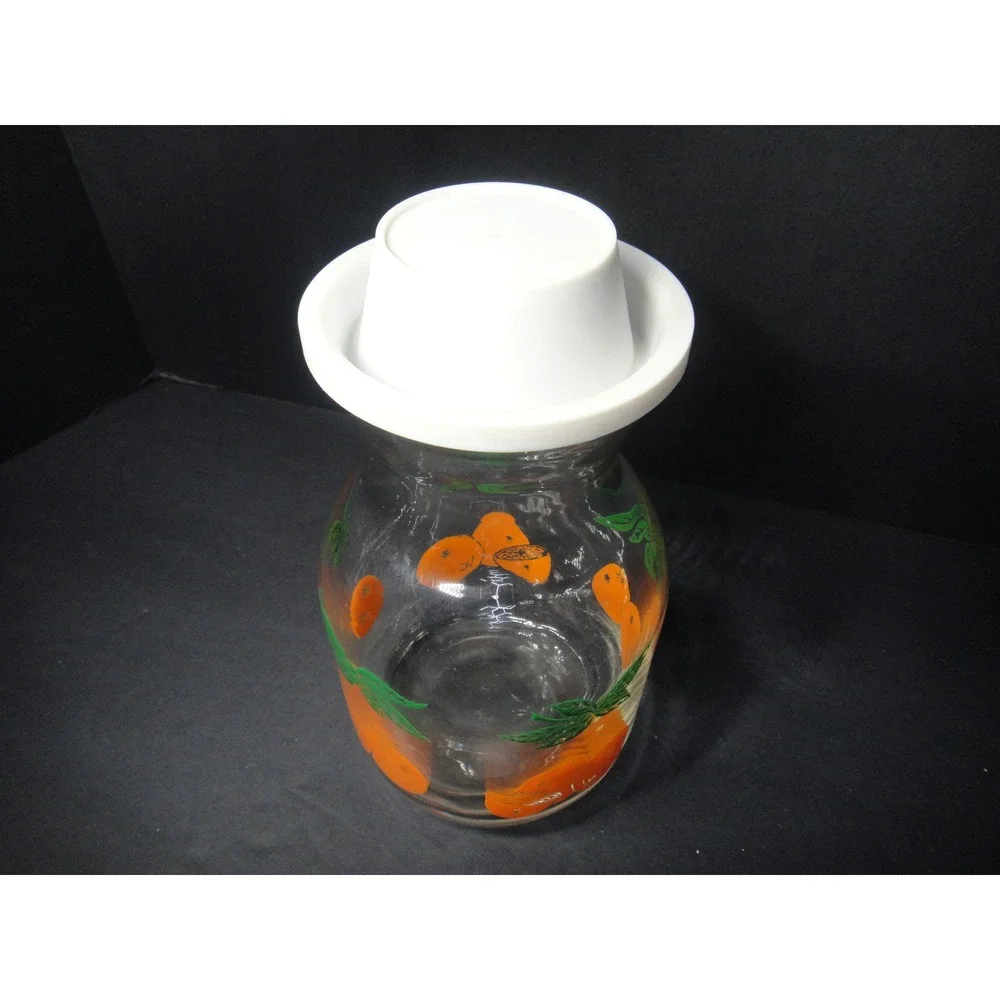 Vintage 1970s Glass Juice Carafe Pitcher Orange Fruit Print White Lid 8.5 Inch